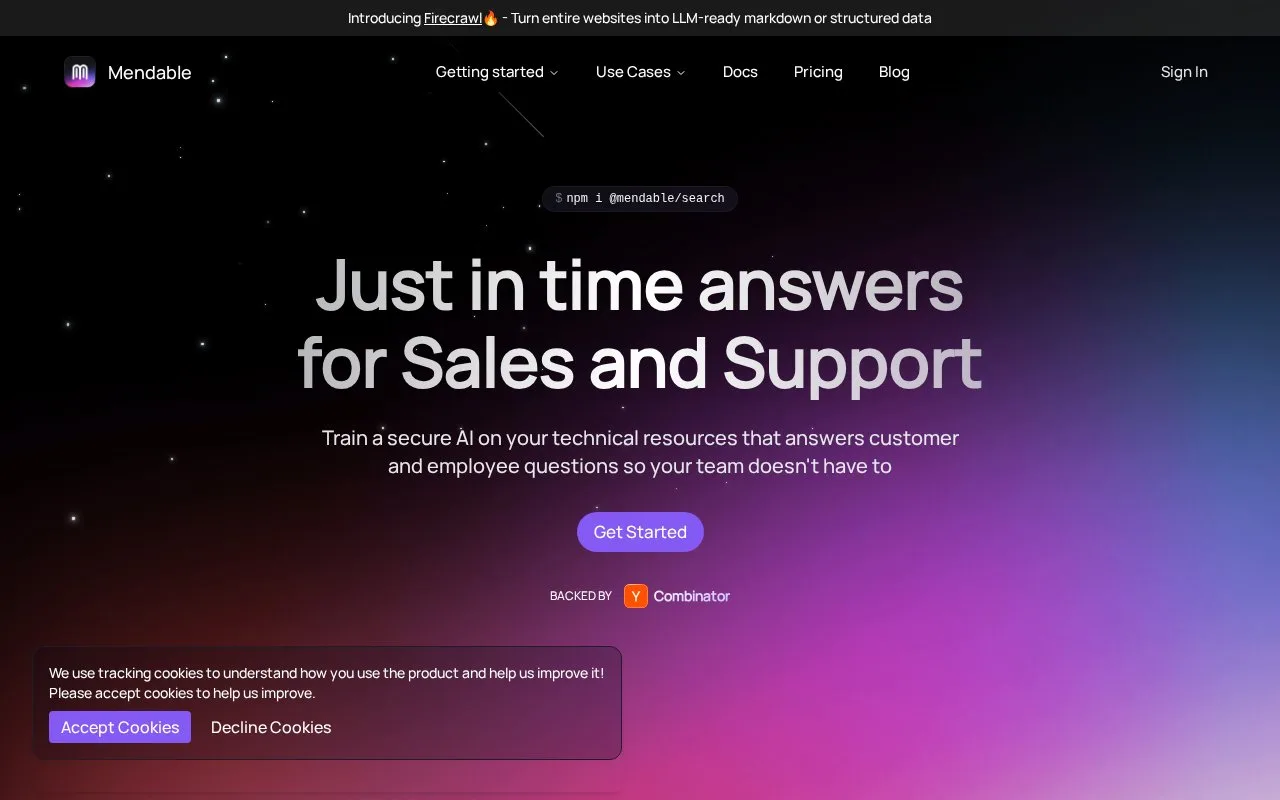 Screenshot of the Mendable homepage