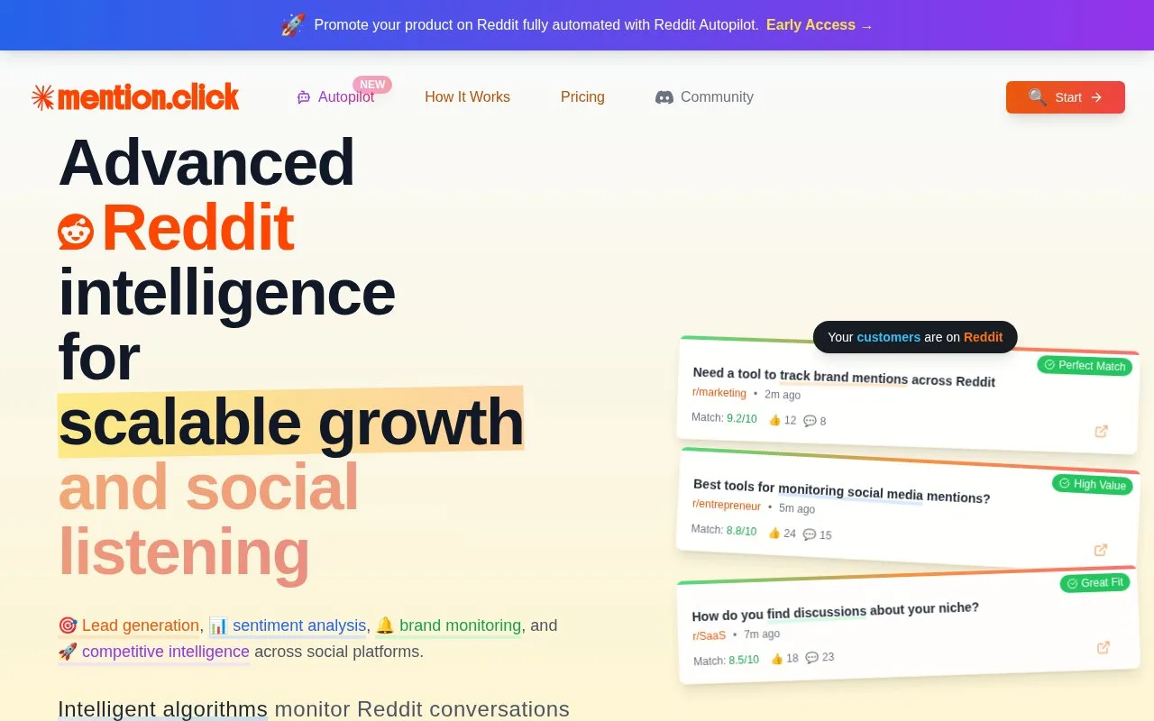 Screenshot of the mention.click homepage