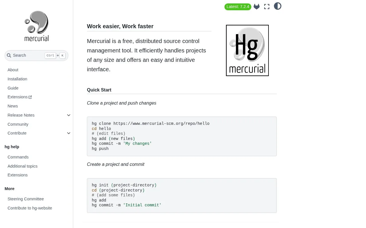 Screenshot of the Mercurial homepage