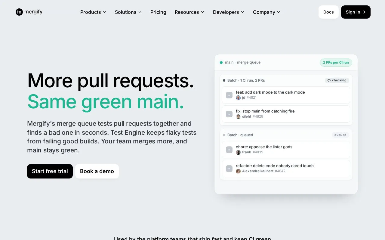 Screenshot of the Mergify homepage