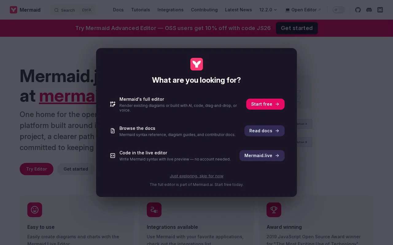 Screenshot of the Mermaid homepage