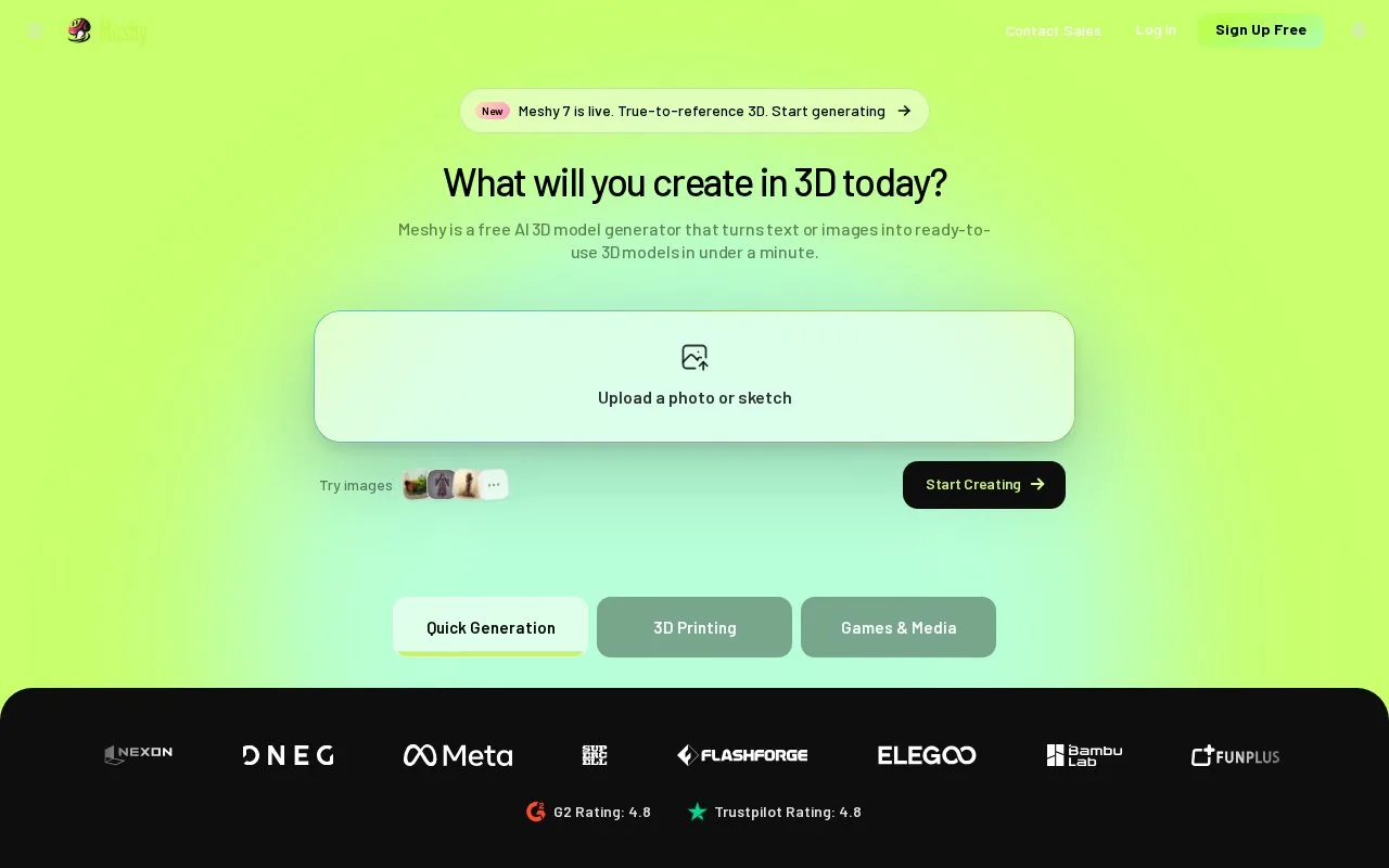 Screenshot of the Meshy homepage
