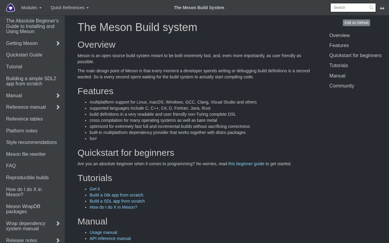 Screenshot of the Meson homepage