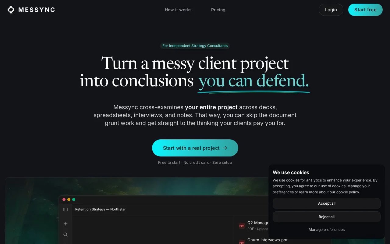 Screenshot of the Messync homepage