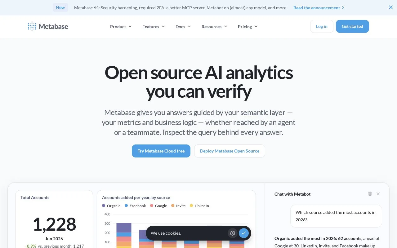 Screenshot of the Metabase homepage