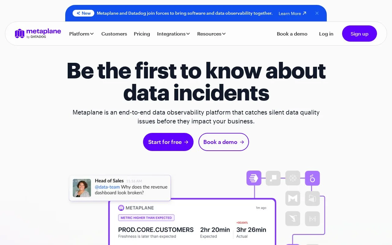 Screenshot of the Metaplane homepage