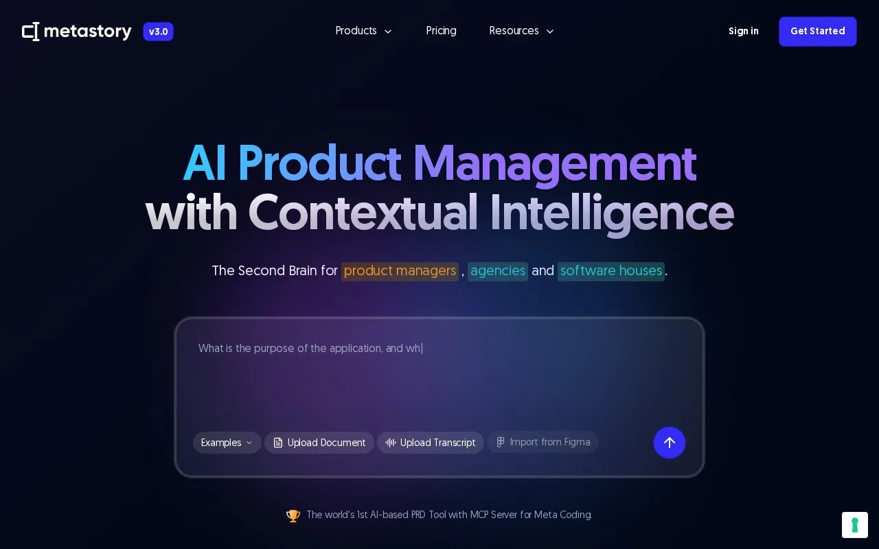 Screenshot of the metastory homepage