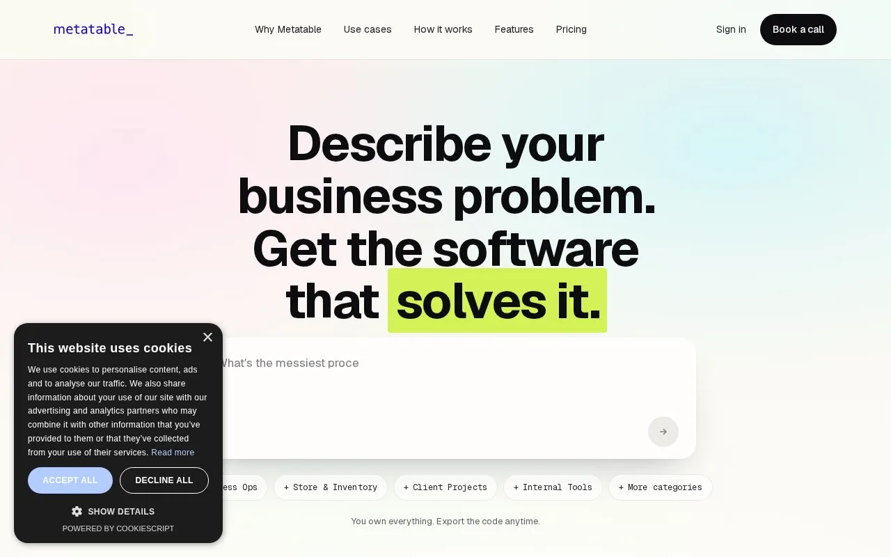 Screenshot of the Metatable homepage