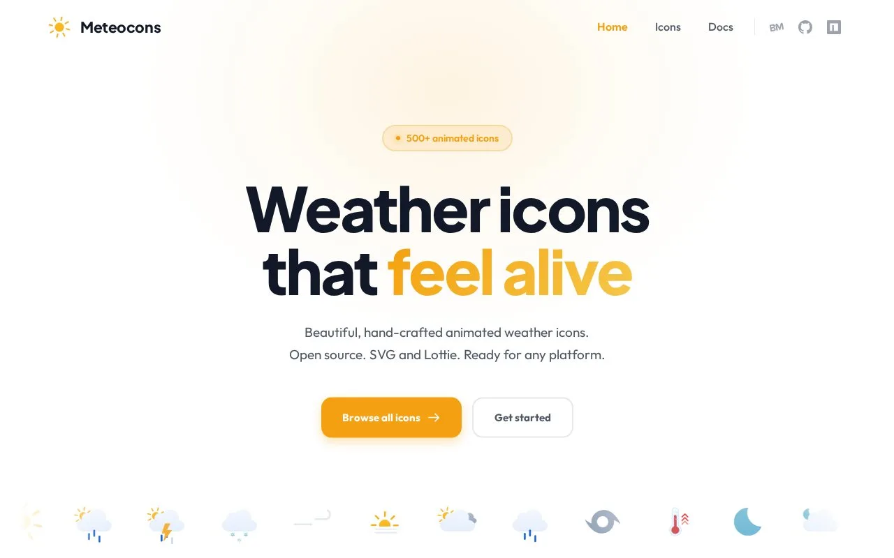 Screenshot of the Meteocons homepage