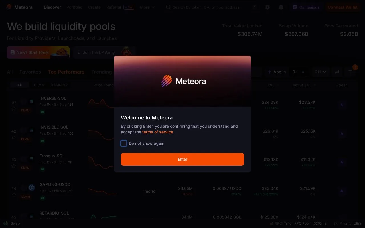Screenshot of the Meteora homepage