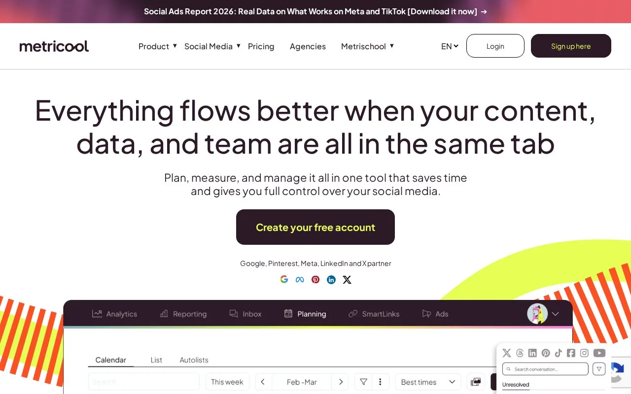 Screenshot of the Metricool homepage