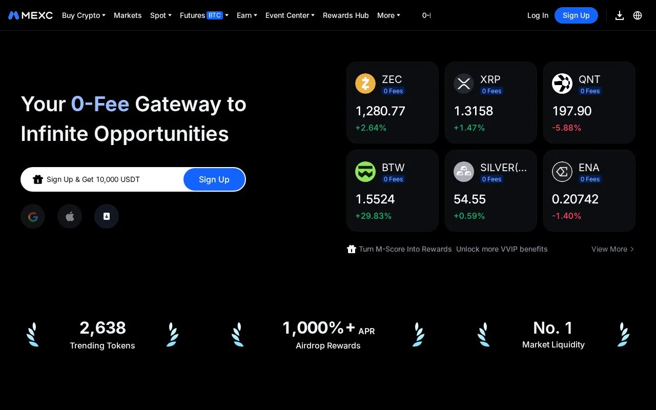 Screenshot of the MEXC homepage