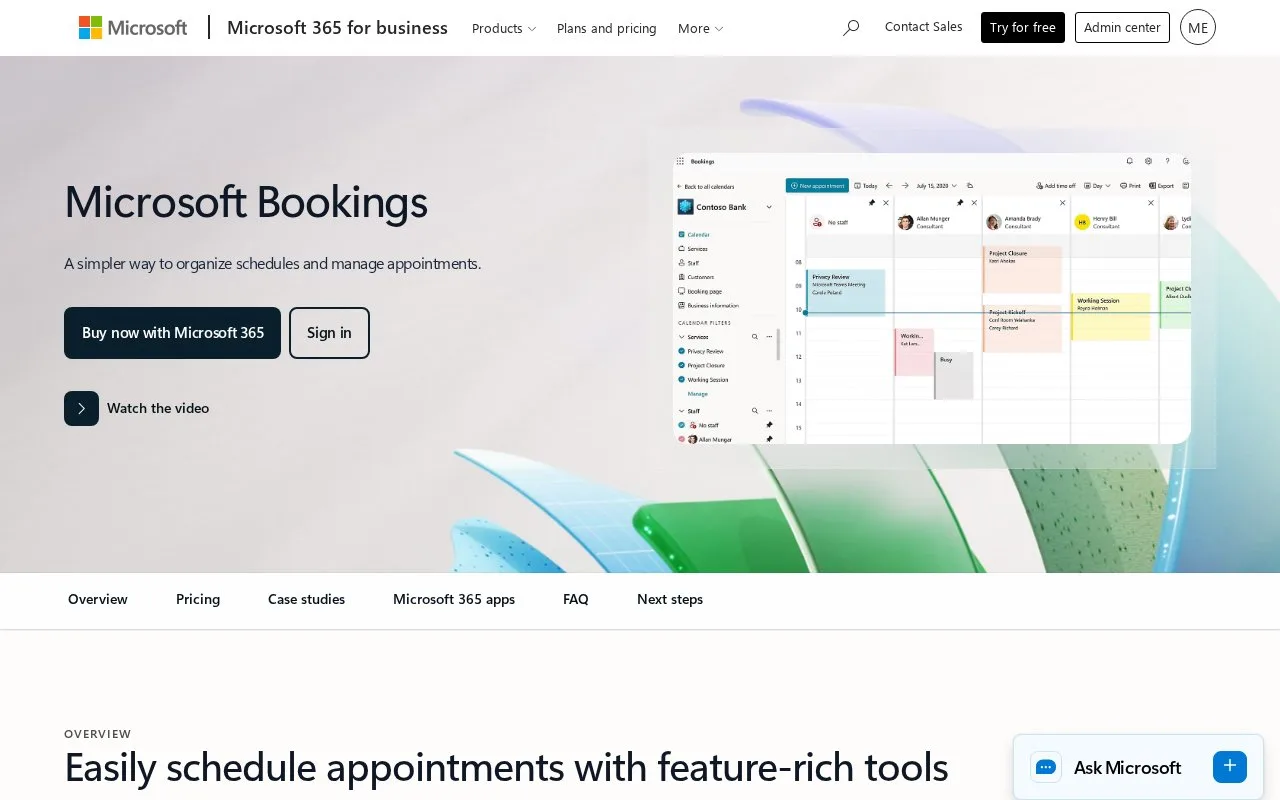 Screenshot of the Microsoft Bookings homepage
