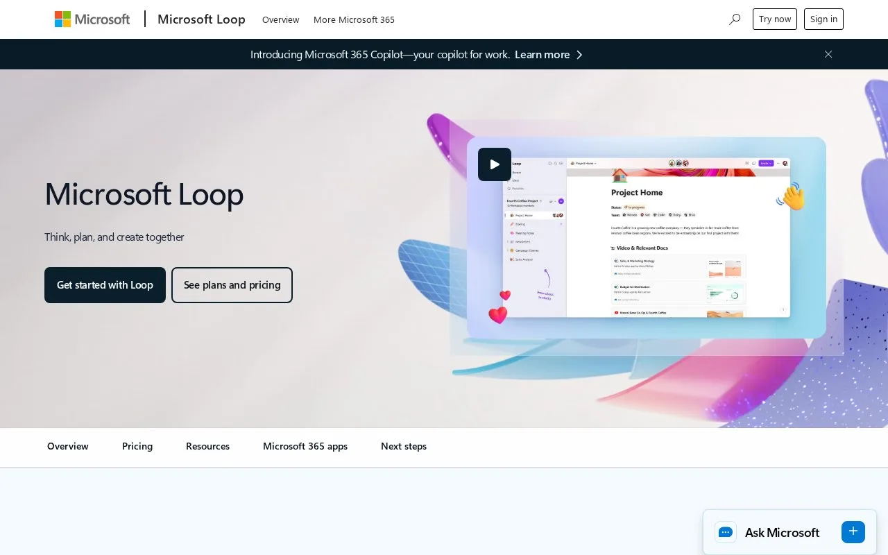 Screenshot of the Microsoft Loop homepage