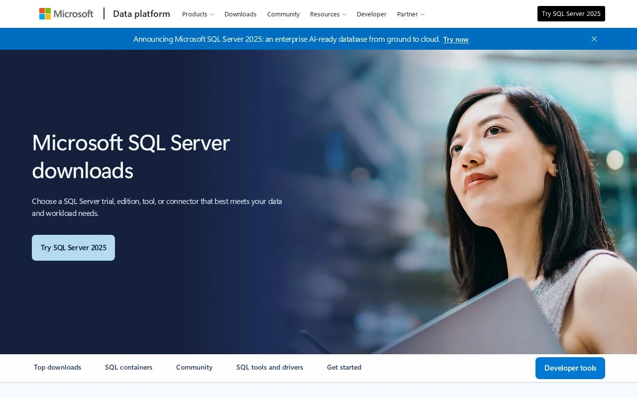 Screenshot of the SQL Server Express homepage