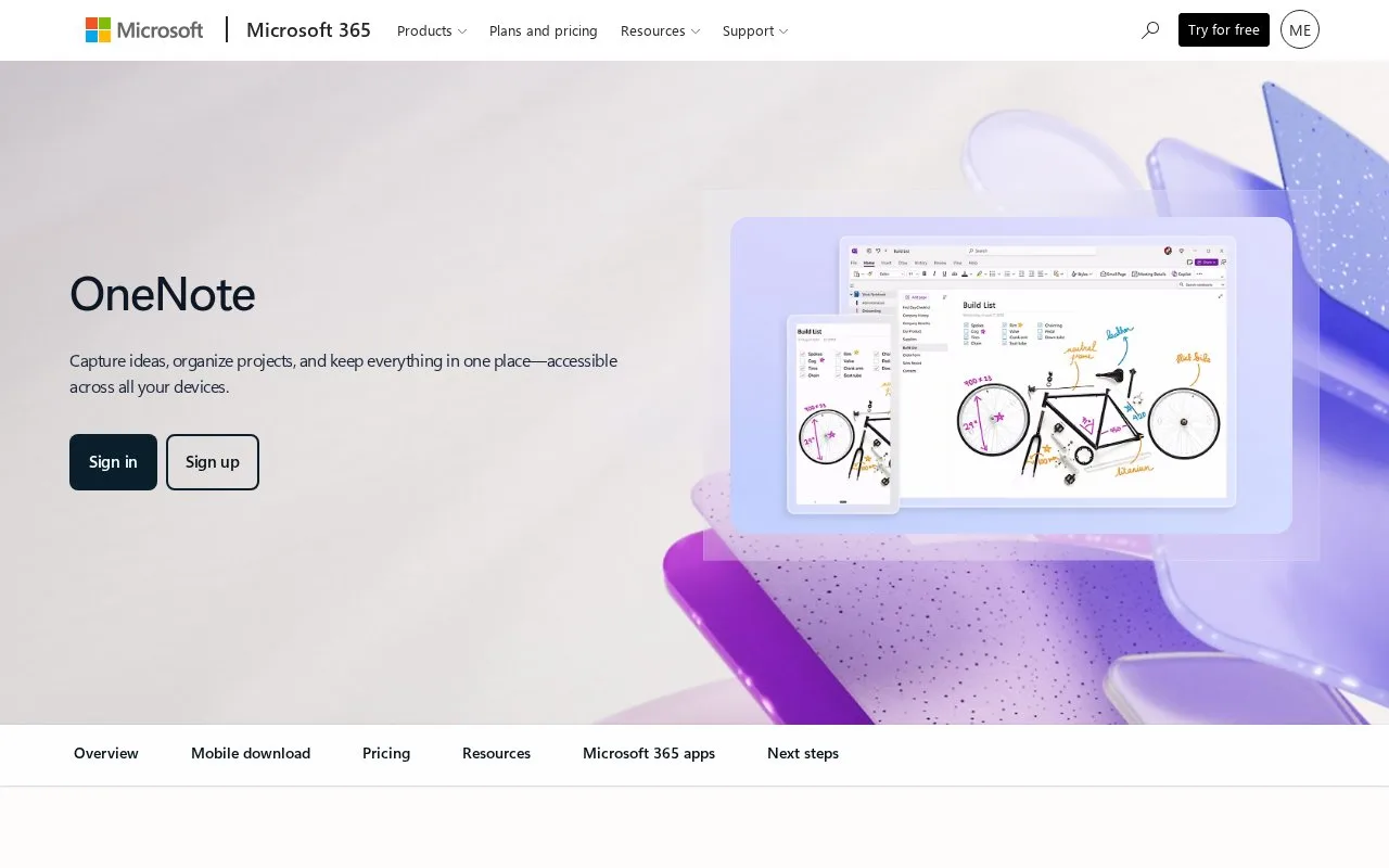 Screenshot of the Microsoft OneNote homepage