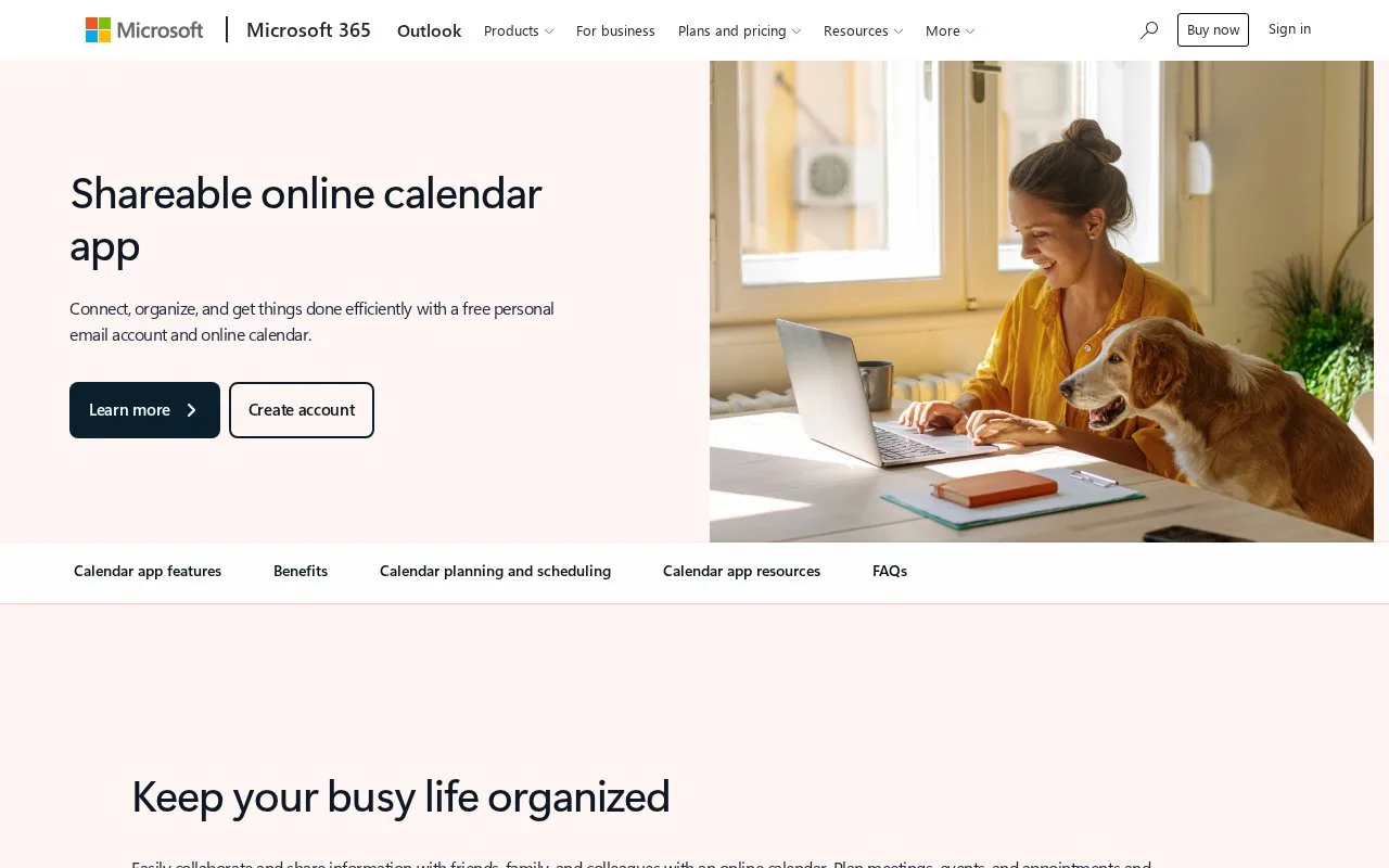 Screenshot of the Microsoft Outlook Calendar homepage