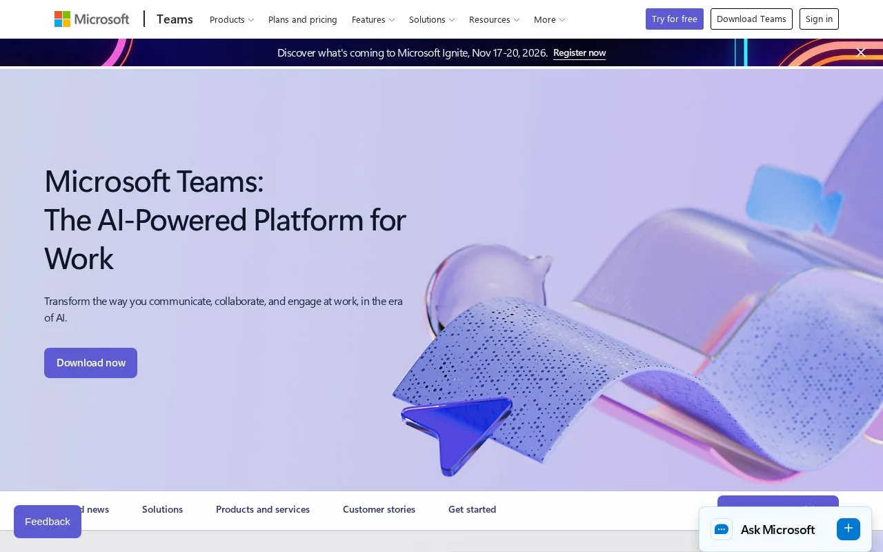 Screenshot of the Microsoft Teams homepage