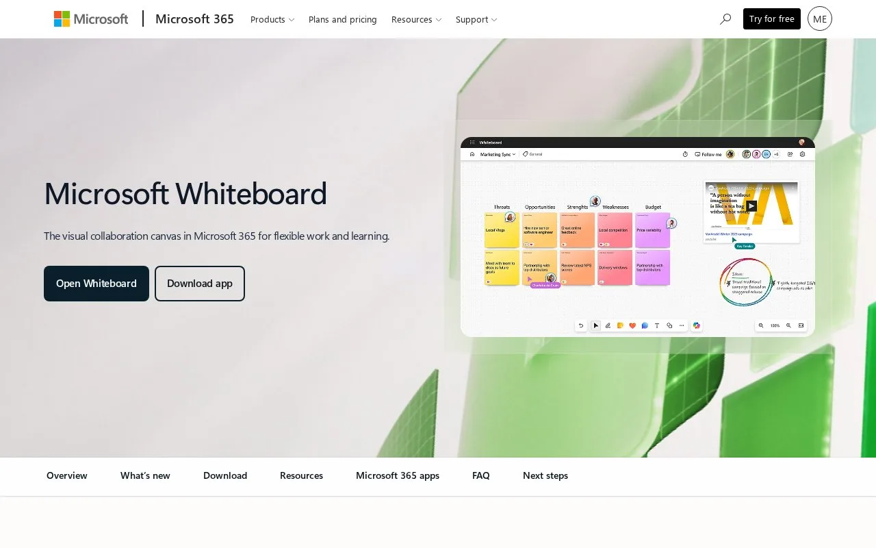 Screenshot of the Microsoft Whiteboard homepage