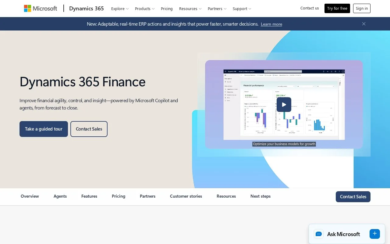 Screenshot of the Microsoft Dynamics 365 Finance homepage