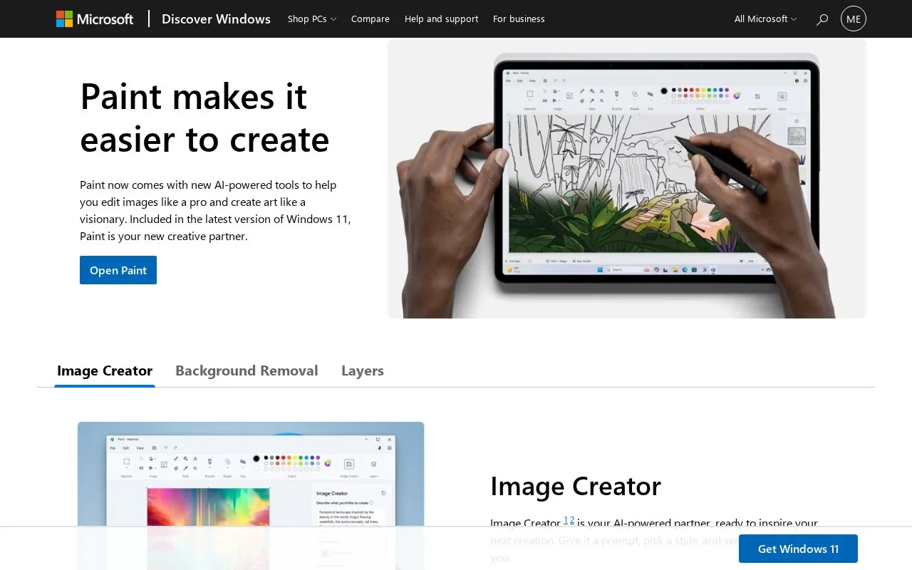 Screenshot of the Microsoft Paint homepage