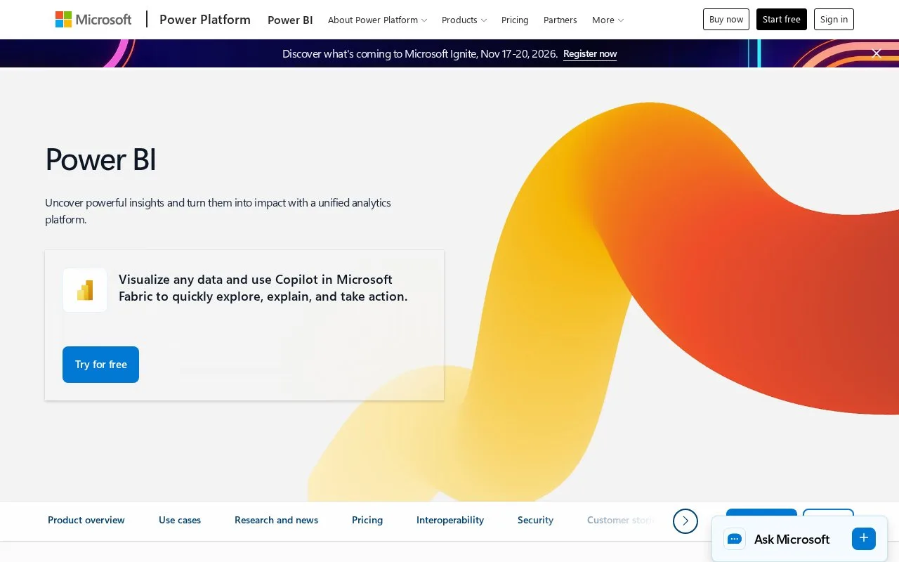 Screenshot of the Microsoft Power BI homepage