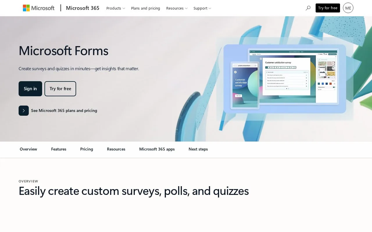 Screenshot of the Microsoft Forms homepage
