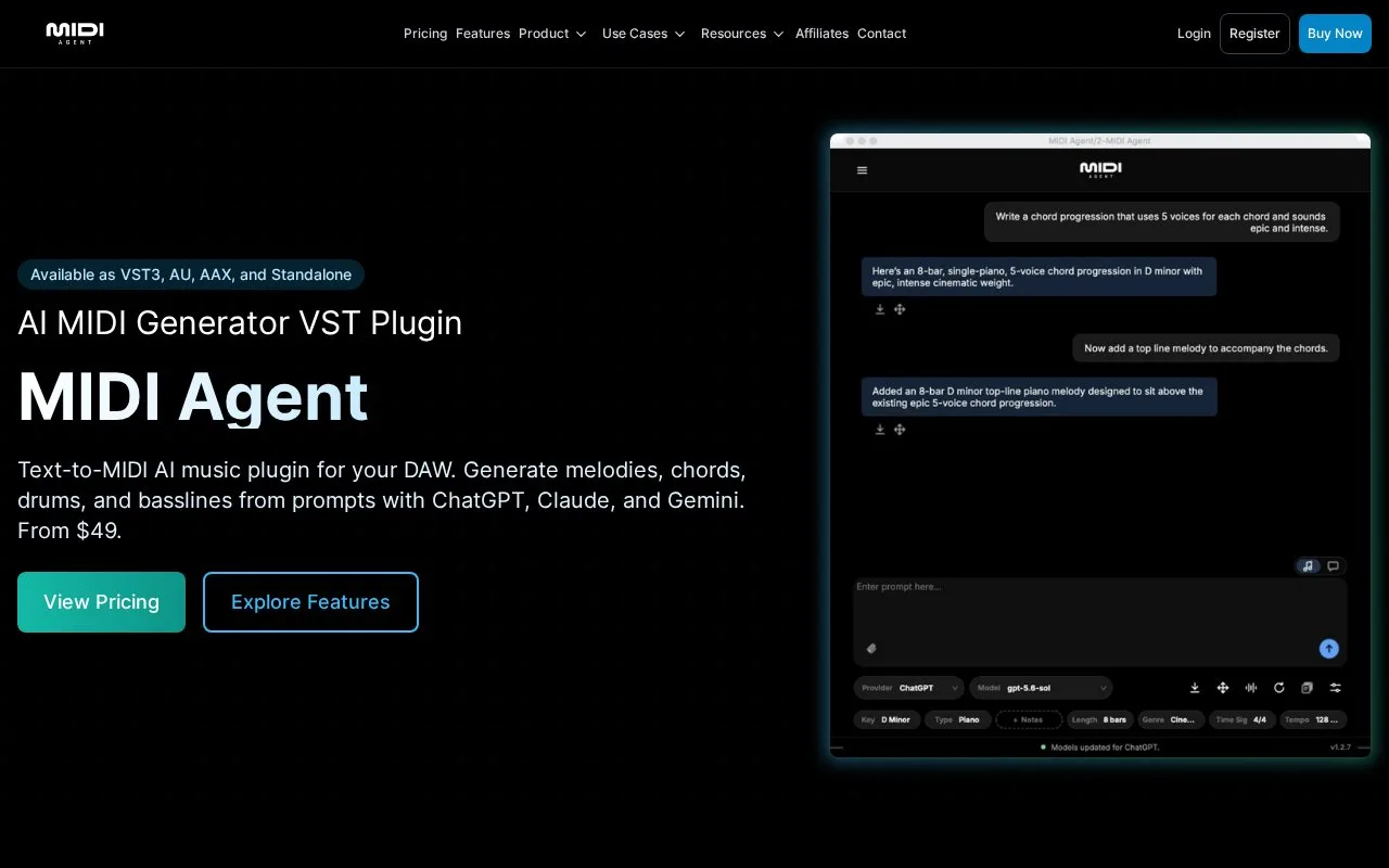 Screenshot of the MIDI Agent homepage