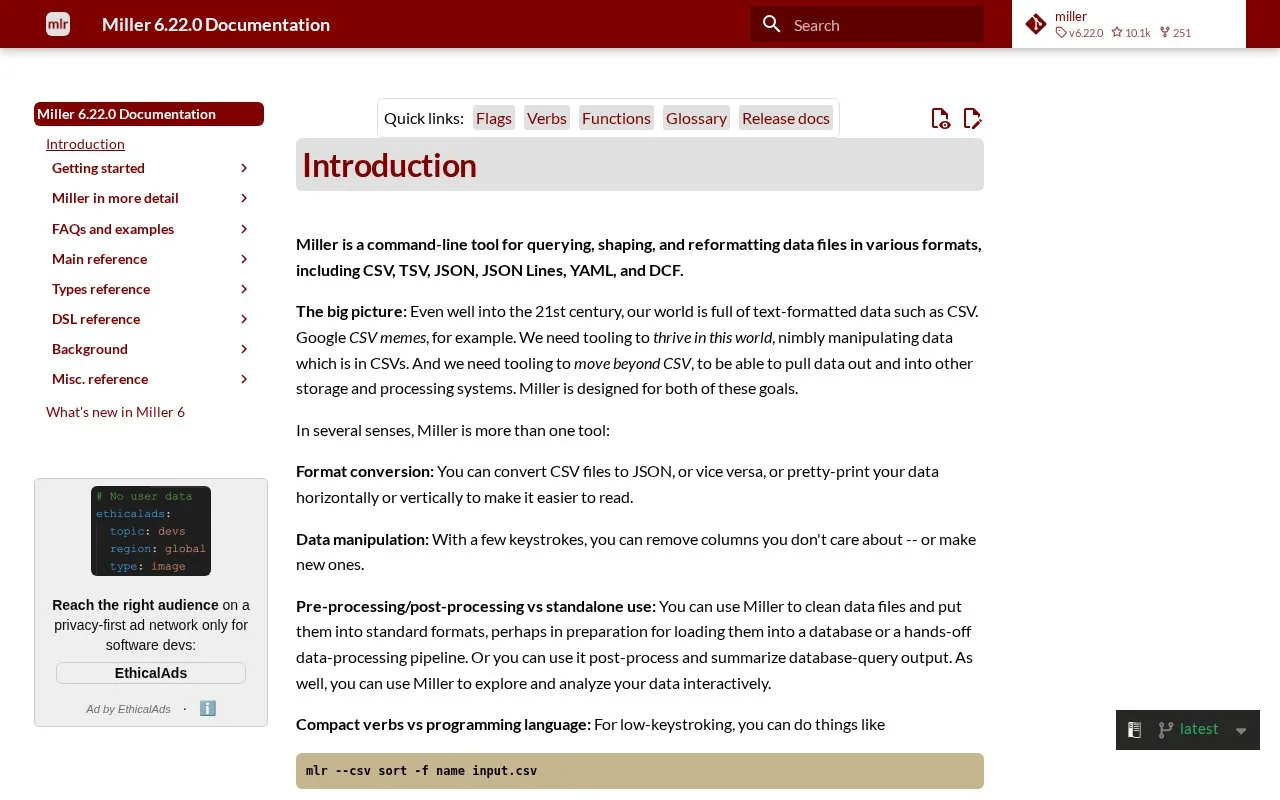 Screenshot of the Miller homepage