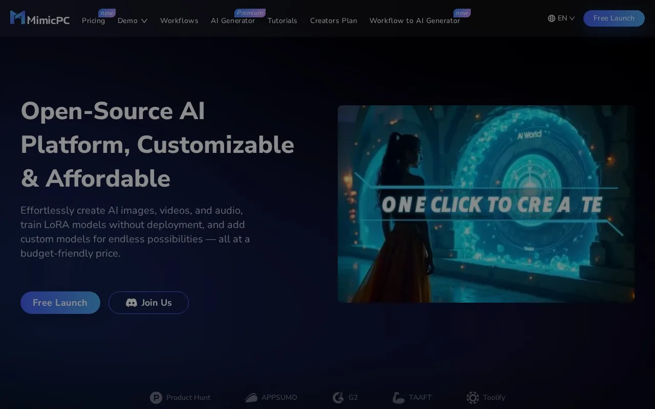 Screenshot of the MimicPC homepage