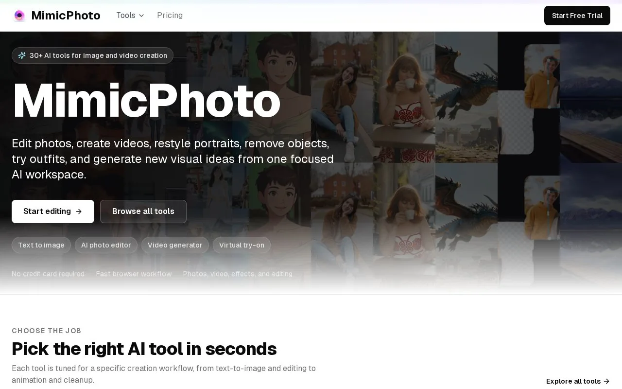 Screenshot of the MimicPhoto homepage