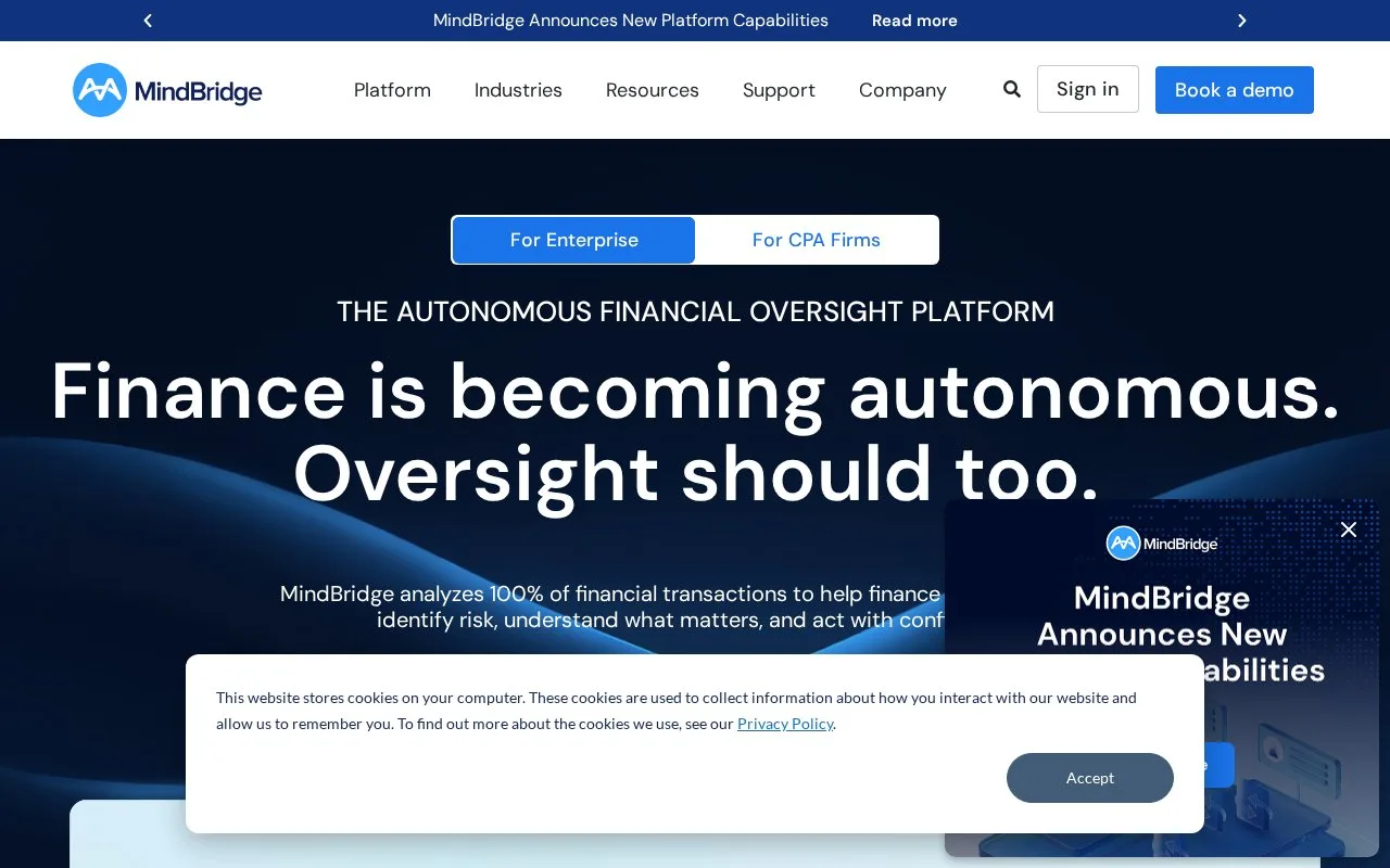 Screenshot of the MindBridge homepage