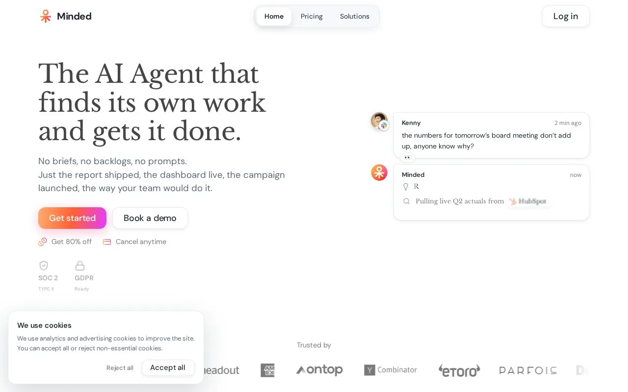 Screenshot of the Minded homepage