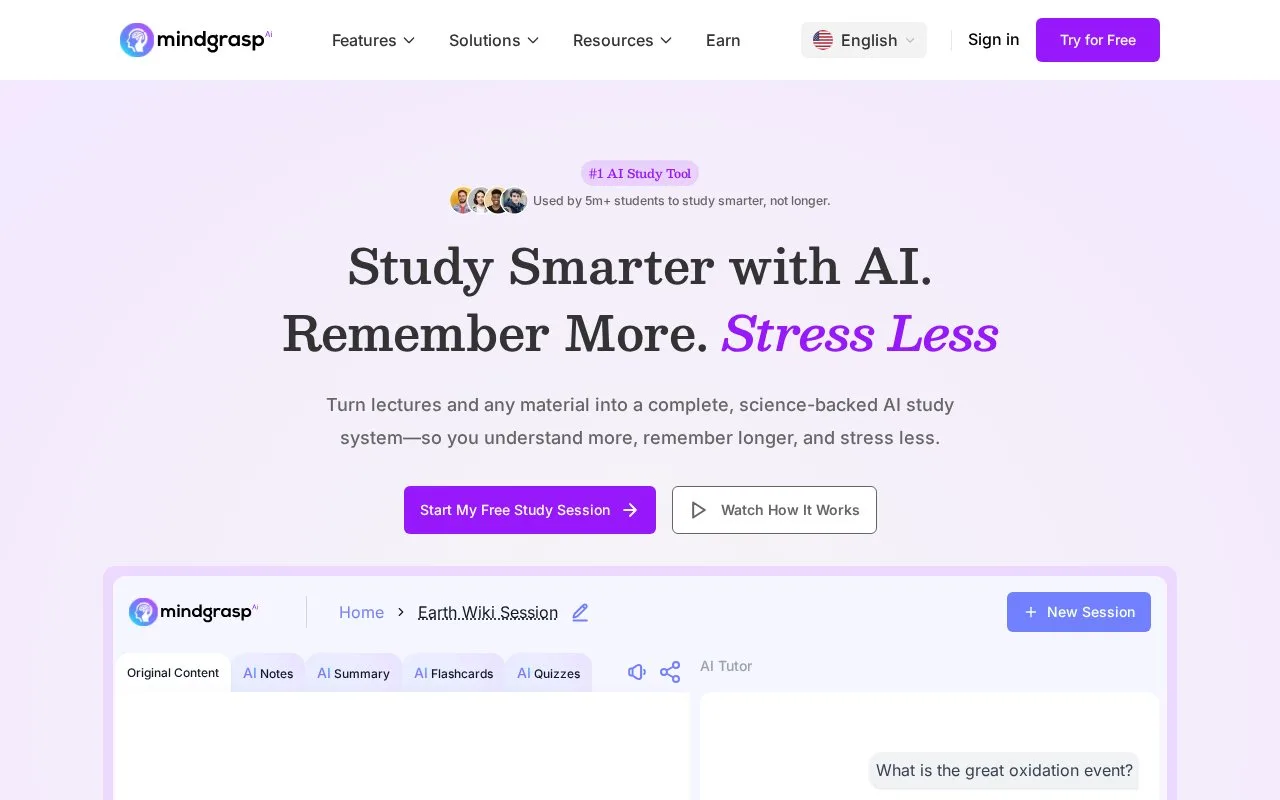 Screenshot of the Mindgrasp homepage