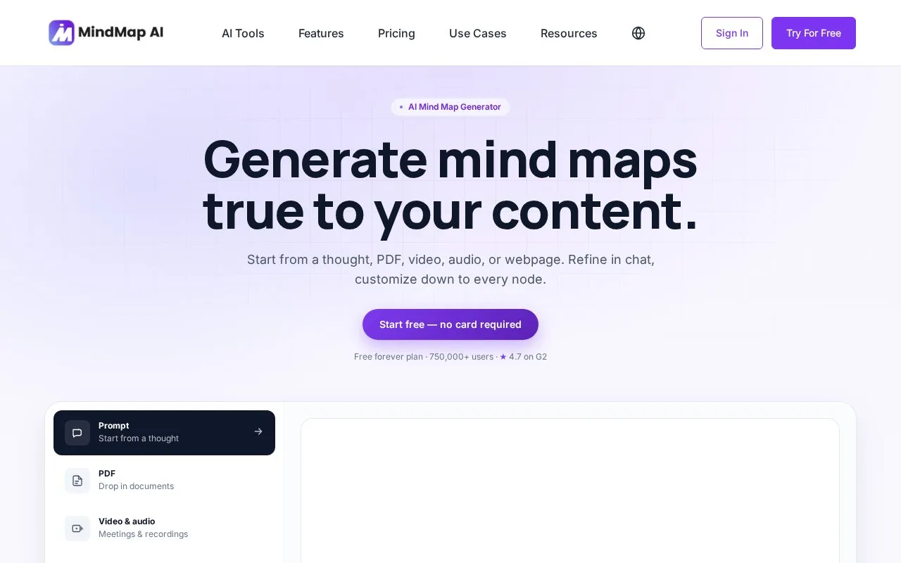 Screenshot of the MindMap AI homepage