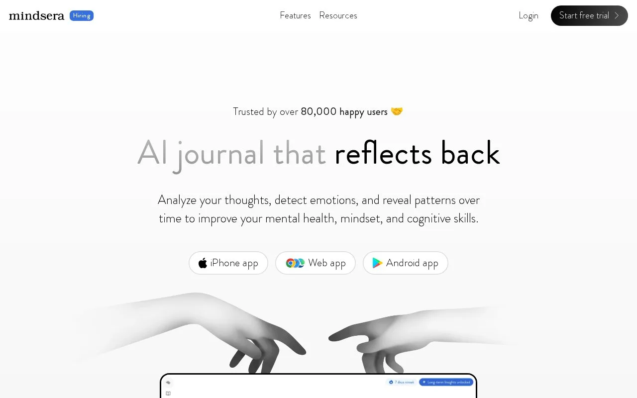 Screenshot of the Mindsera homepage