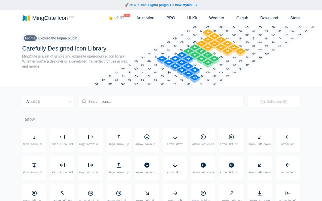 Screenshot of the Mingcute Icons homepage