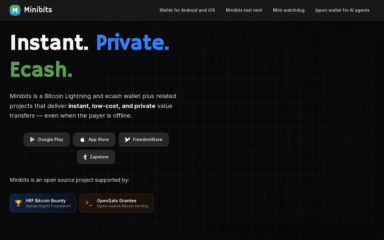 Screenshot of the Minibits homepage