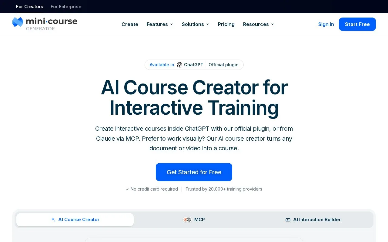 Screenshot of the Mini Course Generator homepage