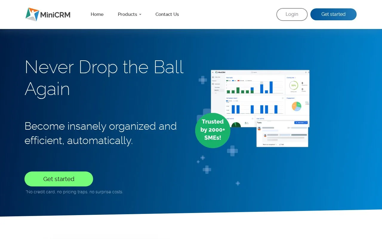 Screenshot of the MiniCRM homepage