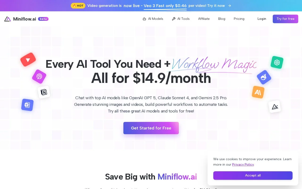 Screenshot of the Miniflow.ai homepage