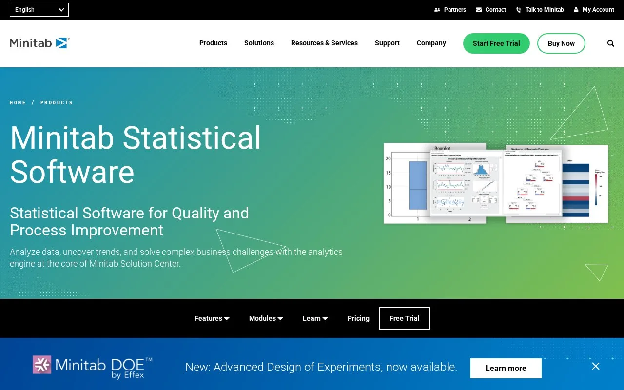 Screenshot of the Minitab Statistical Software homepage