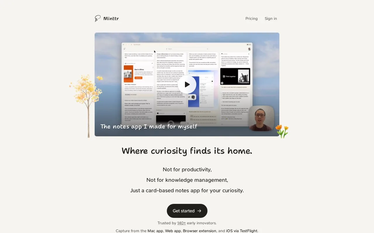 Screenshot of the Minttr homepage