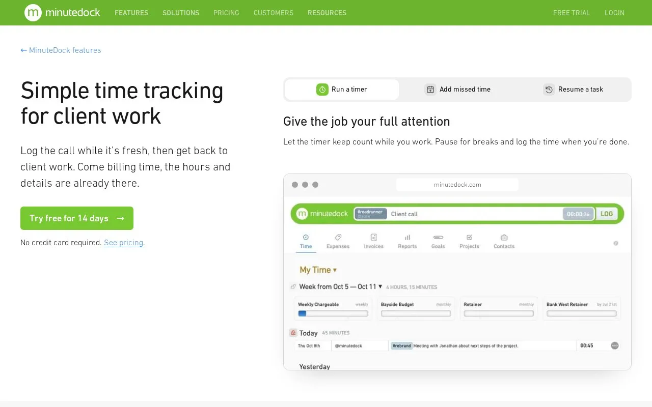 Screenshot of the MinuteDock homepage