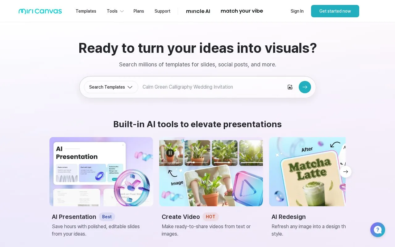 Screenshot of the MiriCanvas homepage