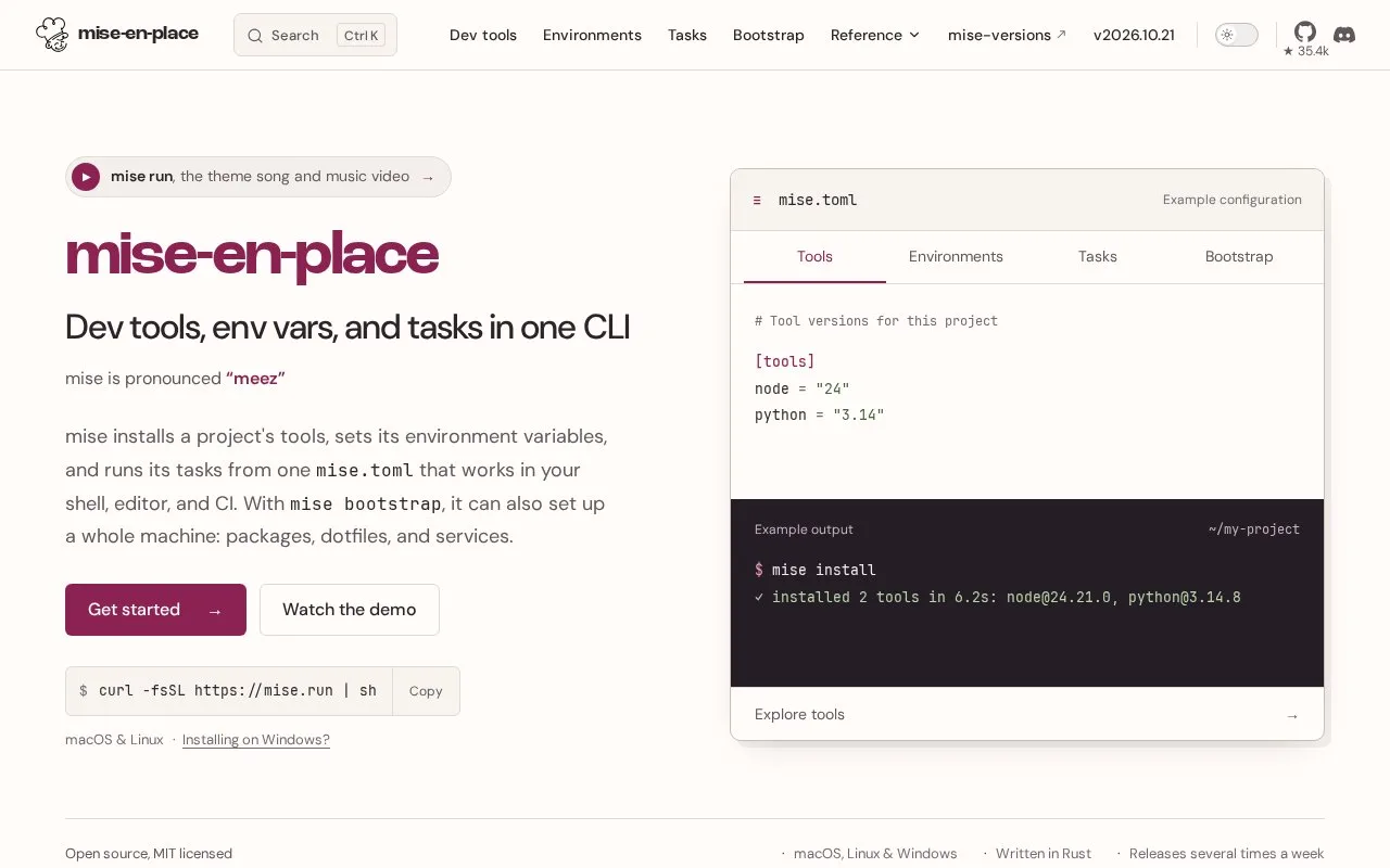 Screenshot of the mise homepage