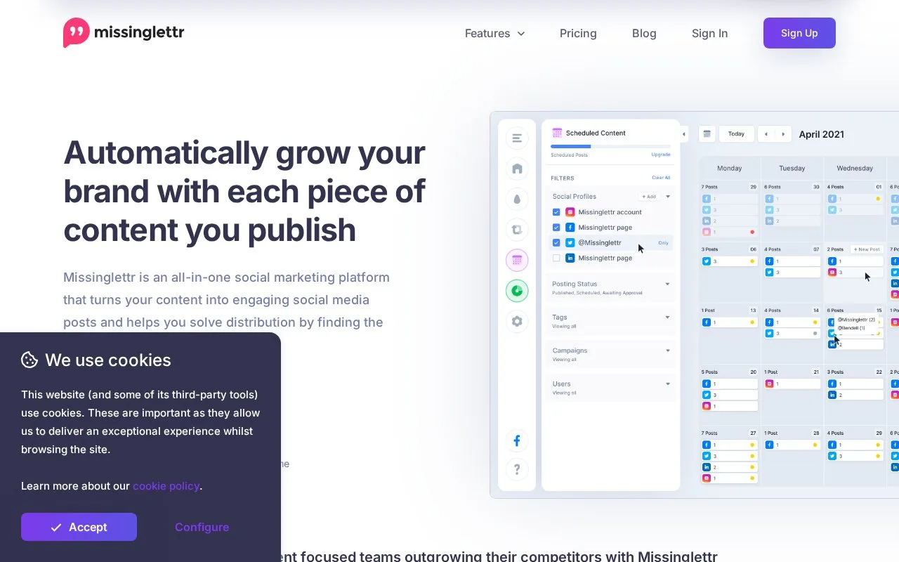 Screenshot of the Missinglettr homepage