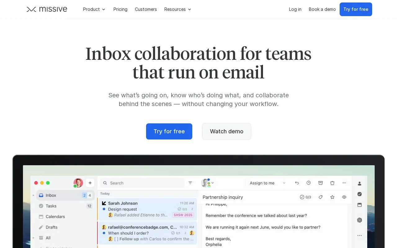 Screenshot of the Missive homepage