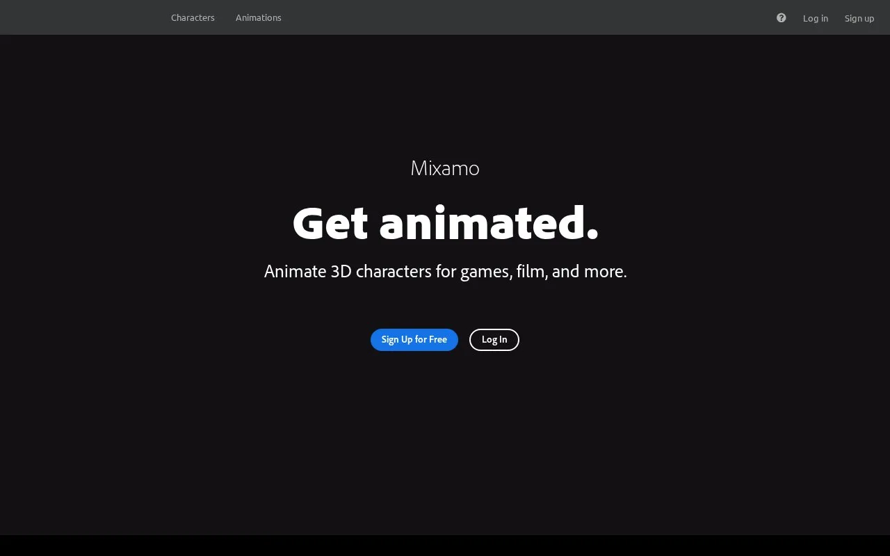 Screenshot of the Mixamo homepage