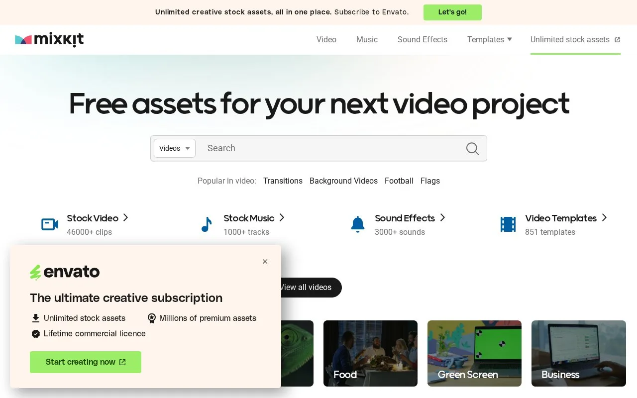 Screenshot of the Mixkit homepage